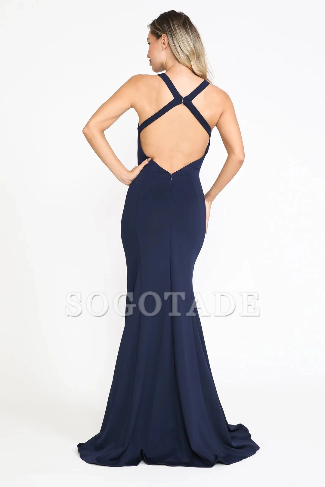 Long illusion deep V-neck slit fitted dress
