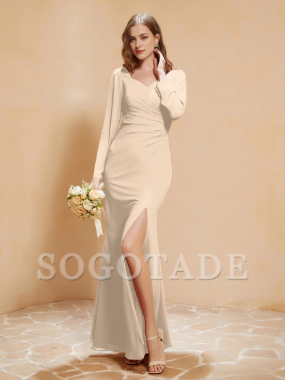 V-neck pleated fish tail chiffon dress