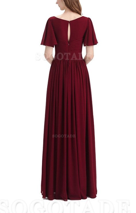 A-Line Chiffon Short Sleeves Elegant Floor-Length Bridesmaid Dresses Formal Women's Dresses Wedding Guests Dresses