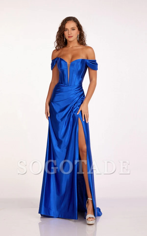 Off shoulder collar satin high slit and floor length Prom dress