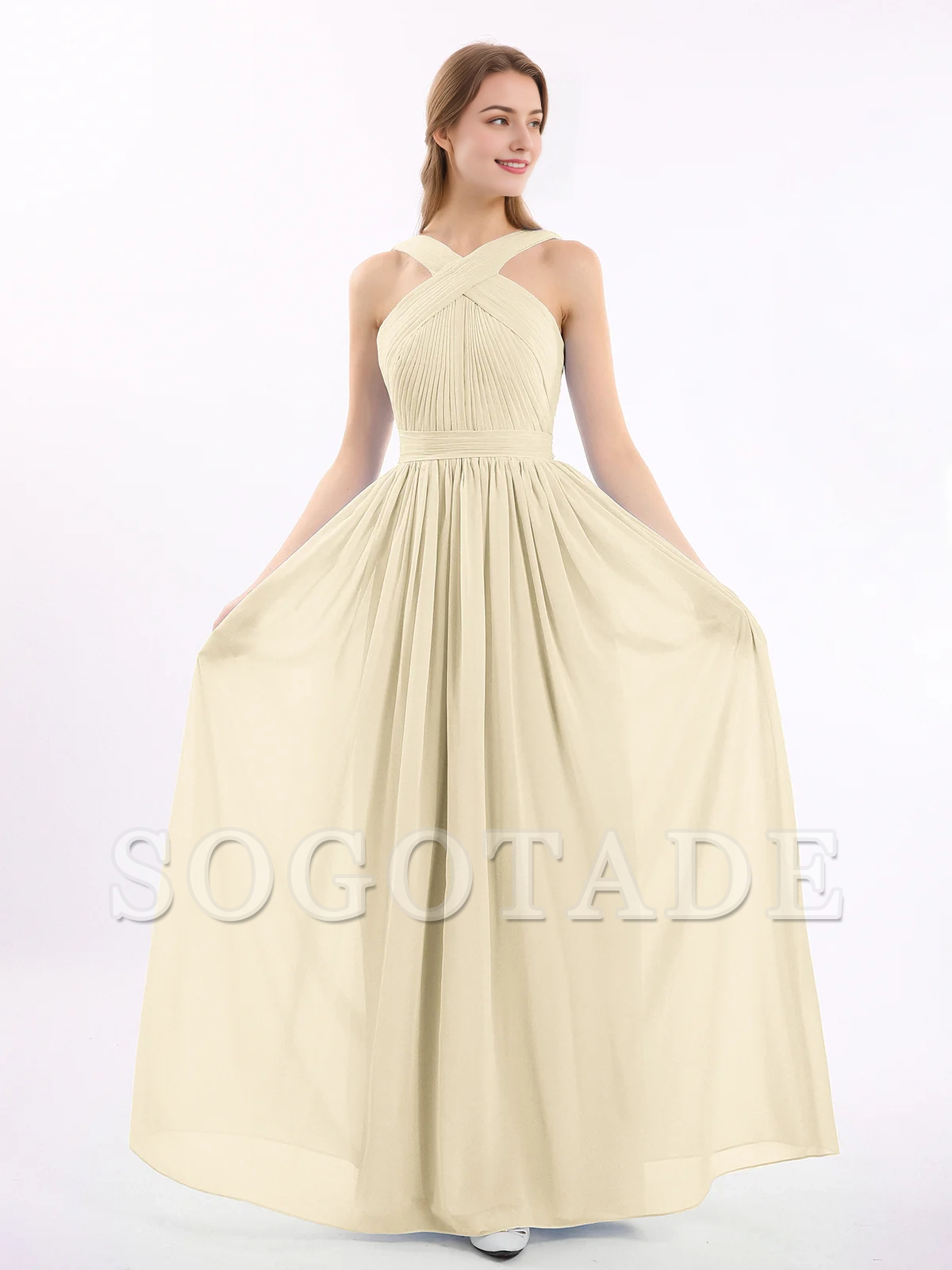 Bow front cross chiffon long dress