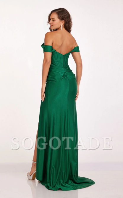 Spoon collar off shoulder sleeves side slits and floor length Prom dress