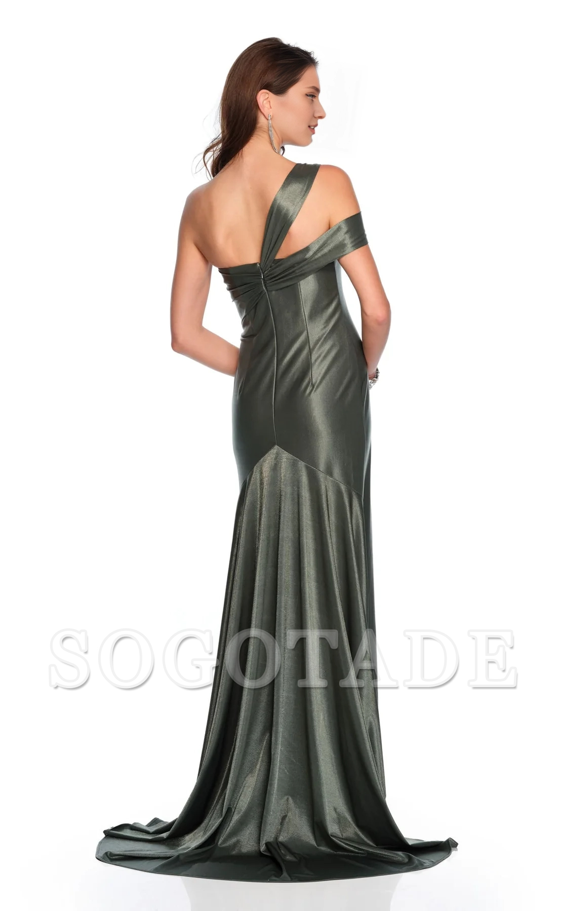 One shoulder collar satin mermaid backless and floor length Prom dress