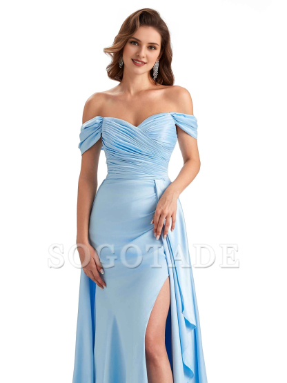 Sexy side slit mermaid soft satin off shoulder long unique bridesmaid dress
