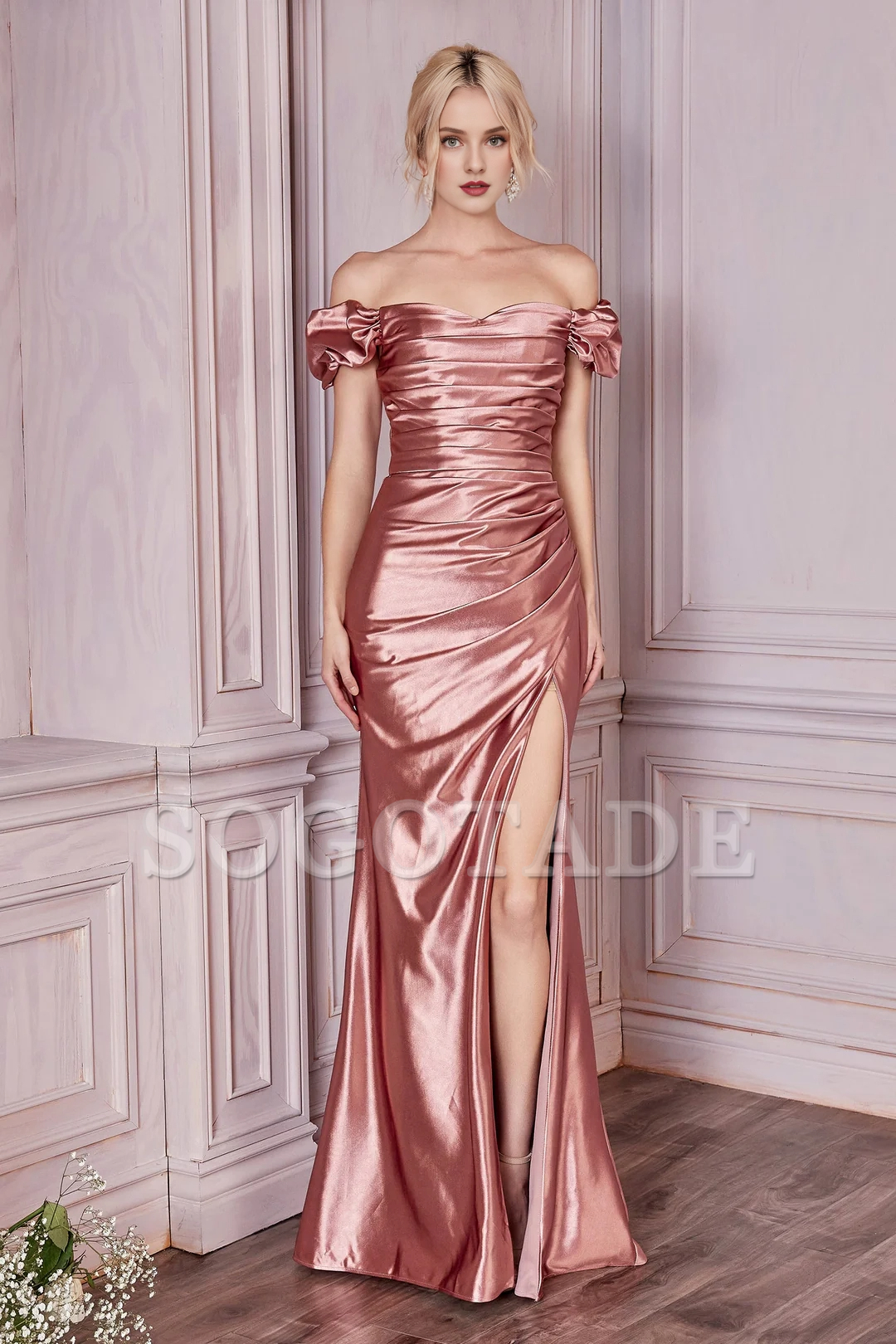 Long off shoulder shiny satin dress