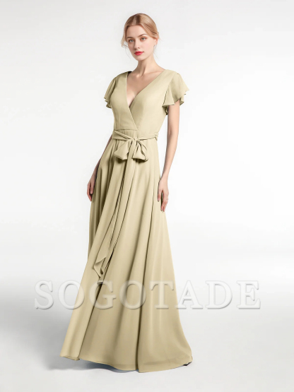 V-neck hooded sleeve self bow chiffon dress