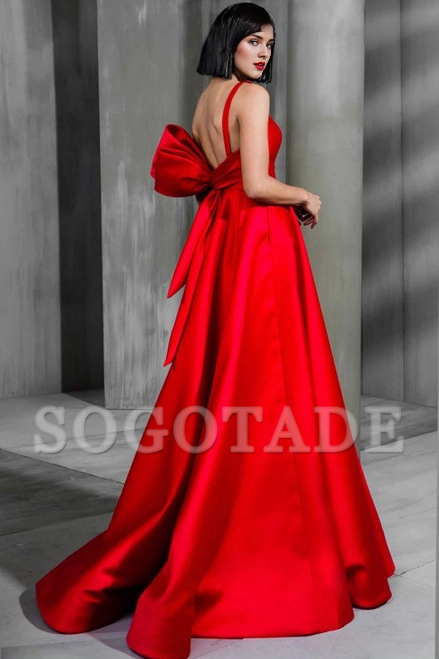 Red green black tie A-line evening gown elegant formal and floor length sleeveless V-neck ribbon bow 2024 gowns evening dresses