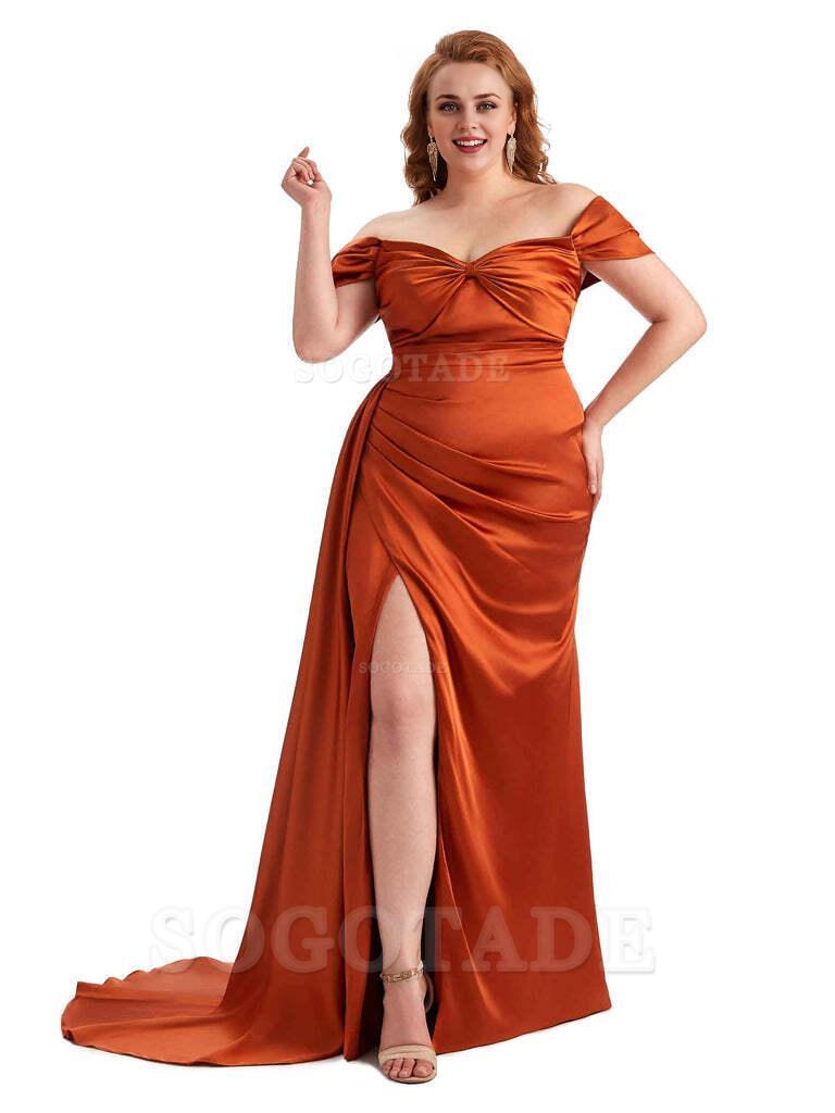  Sexy Side Slit Off The Shoulder Mermaid Soft Satin Long Plus Size Bridesmaid Dress For Wedding