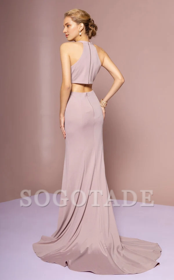 Deep V-neck sleeveless tight corset with high slit and floor length gowns even dresses