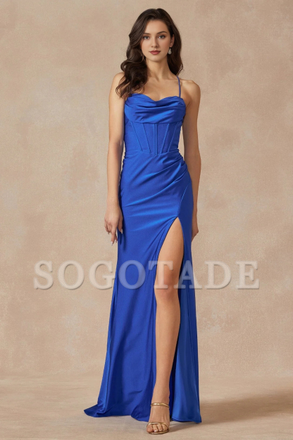 Fitted slit skirt long sleeveless satin hood dress