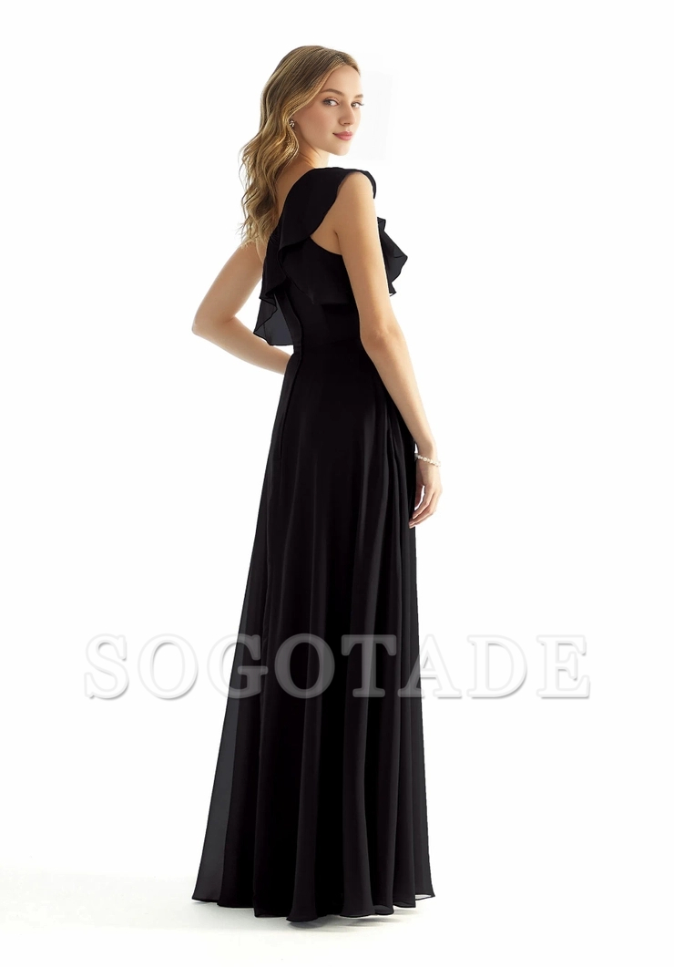 A-line single shoulder collar chiffon ruffle hem skirt with slit and floor length dress