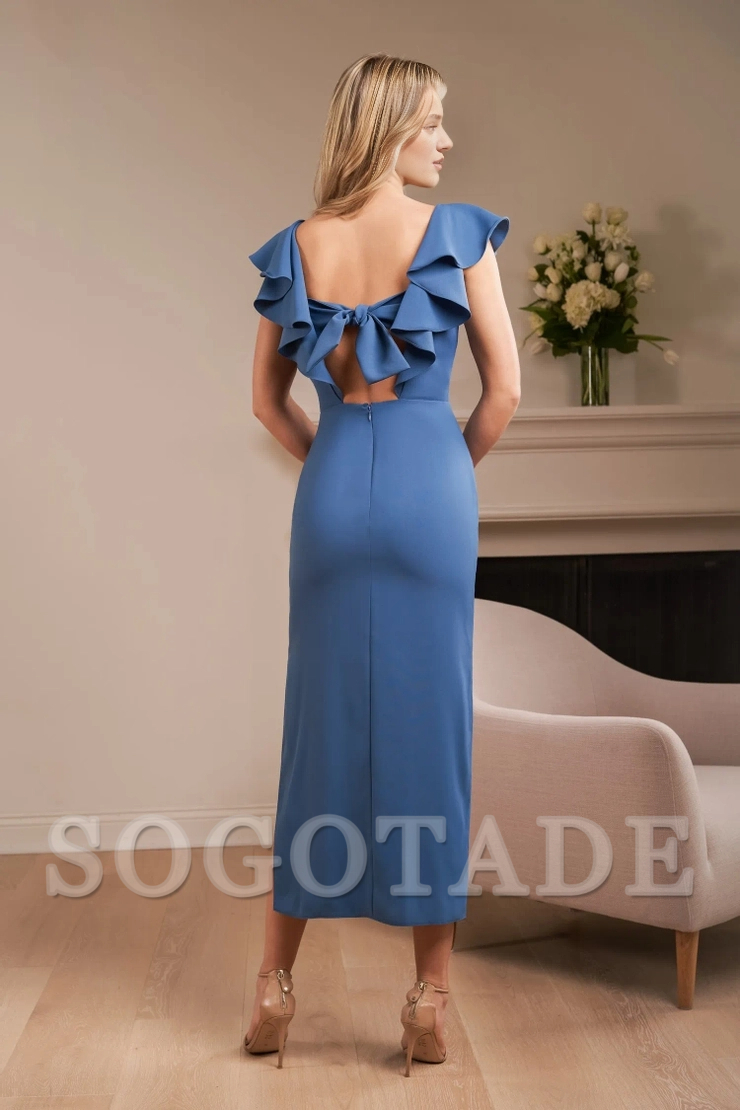 Crepe V-neck tight fitting mid length back layered ruffled bridesmaid dress