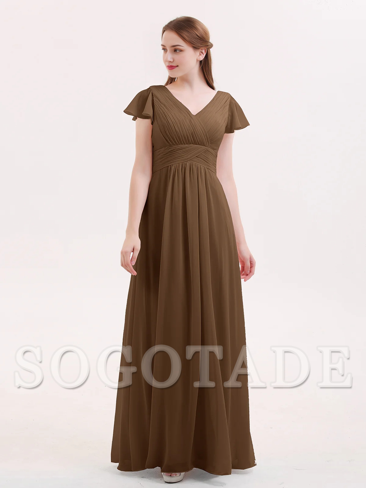 Hooded chiffon bridesmaid dress with long sleeves