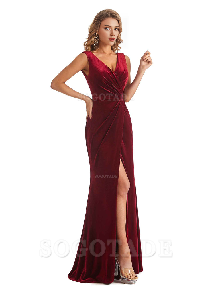 Sexy Deep V-Neck Sheath Velvet Side Slit Long Elegant Bridesmaid Dresses Formal Women's Dresses Wedding Guests Dresses