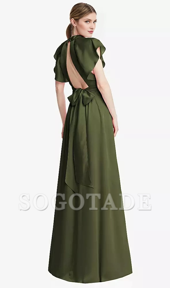 Wrinkled stand collar with ruffled sleeves backless long Prom dress