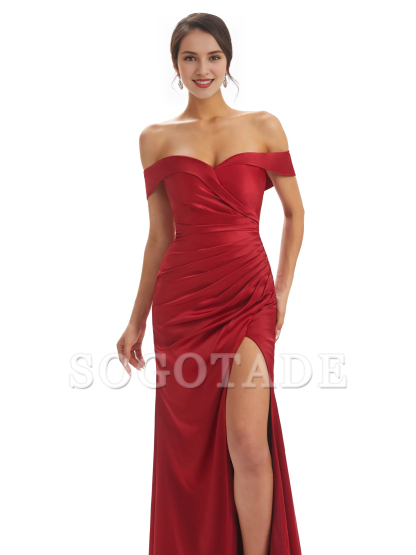 Sexy side slit shoulder fishtail soft satin bridesmaid dress