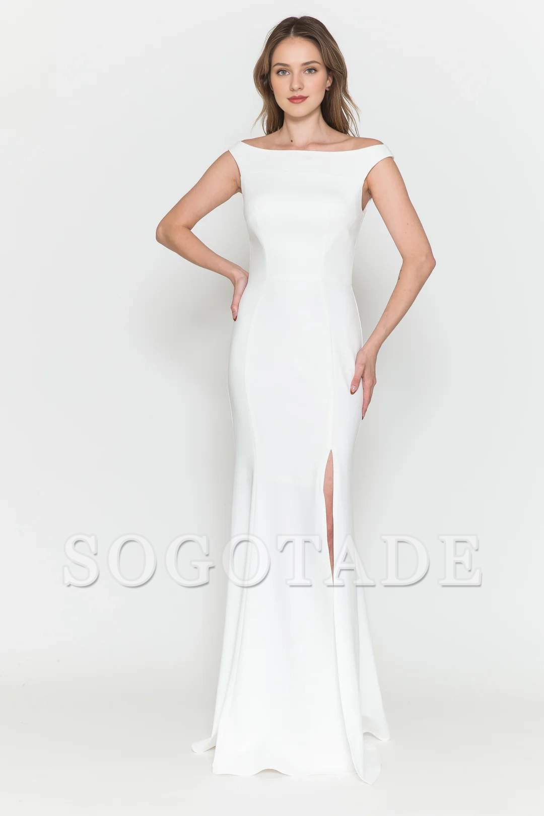 Leg slit long off shoulder fitted dress