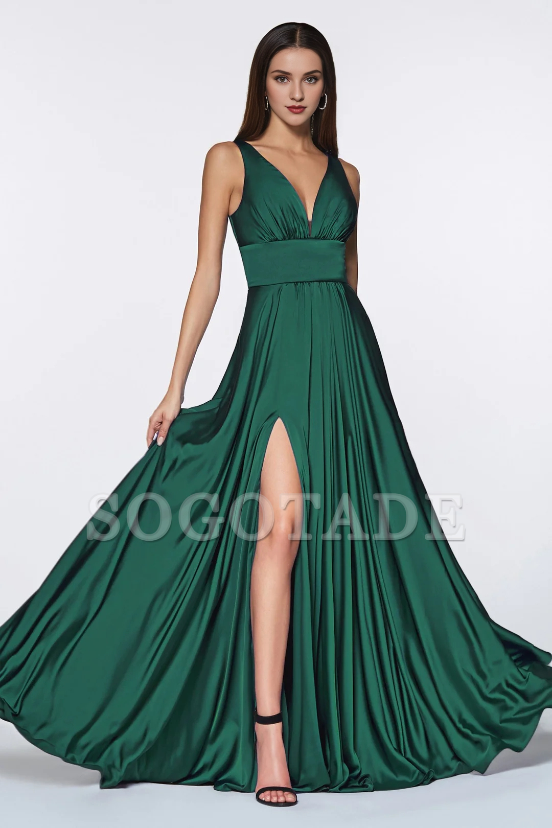 Leg slit long sleeveless V-neck dress