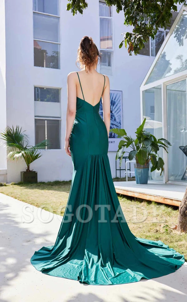 V-neck thin shoulder strap with exposed back side slit and floor length evening dress