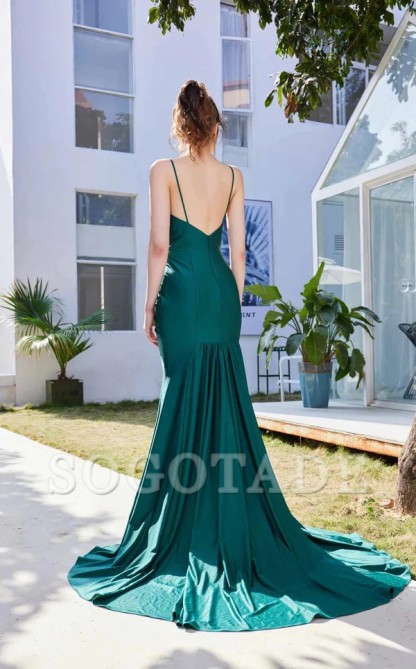 V-neck thin shoulder strap with exposed back side slit and floor length evening dress