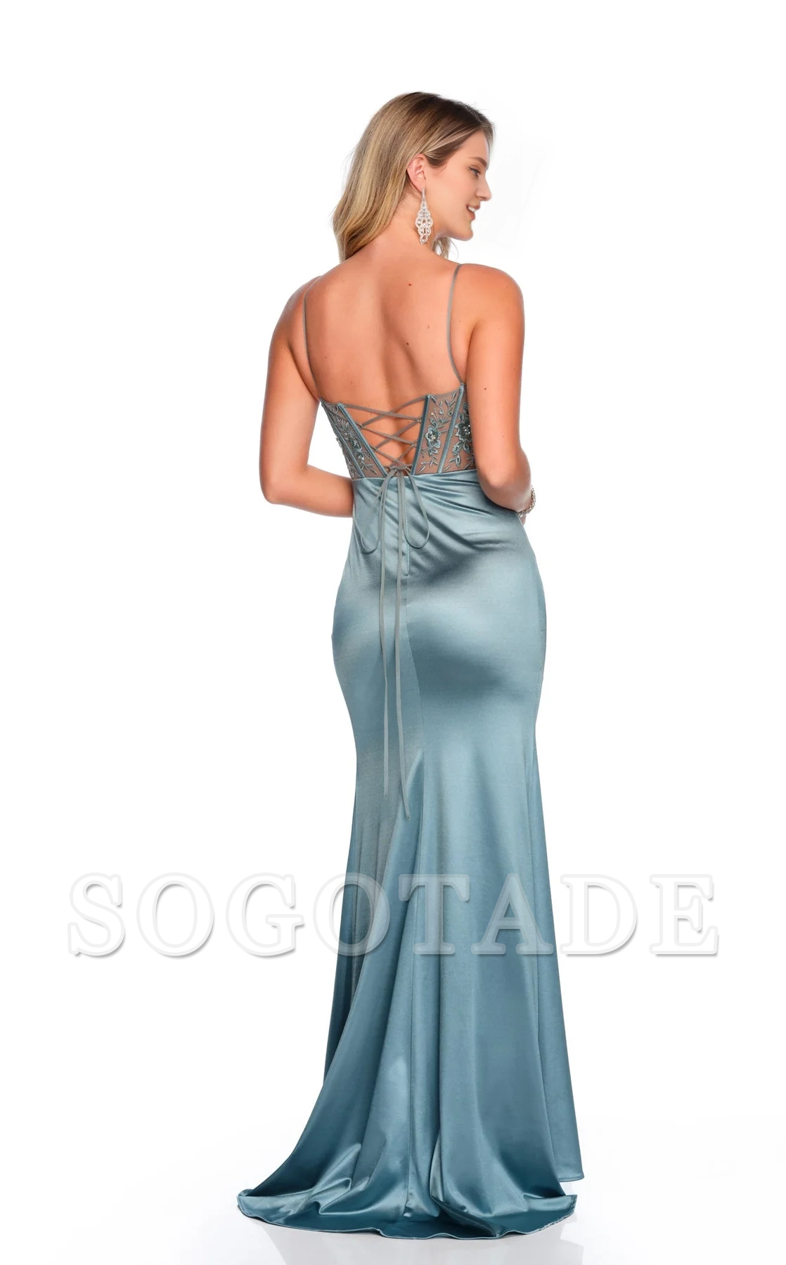 Thin shoulder straps embroidered transparent body tight corset with side slits and floor length Prom dress