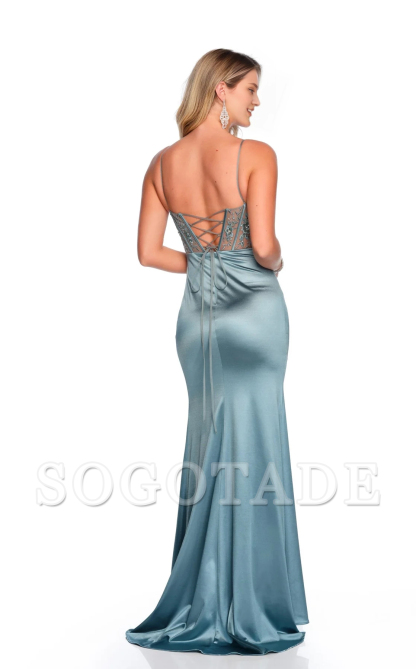 Thin shoulder straps embroidered transparent body tight corset with side slits and floor length Prom dress