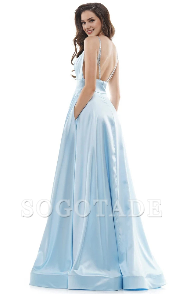 A-line V-neck sleeveless tight corset with side slits and floor length evening gown