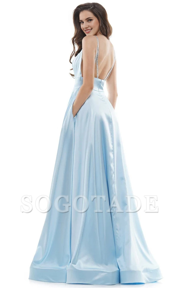 A-line V-neck sleeveless tight corset with side slits and floor length evening gown