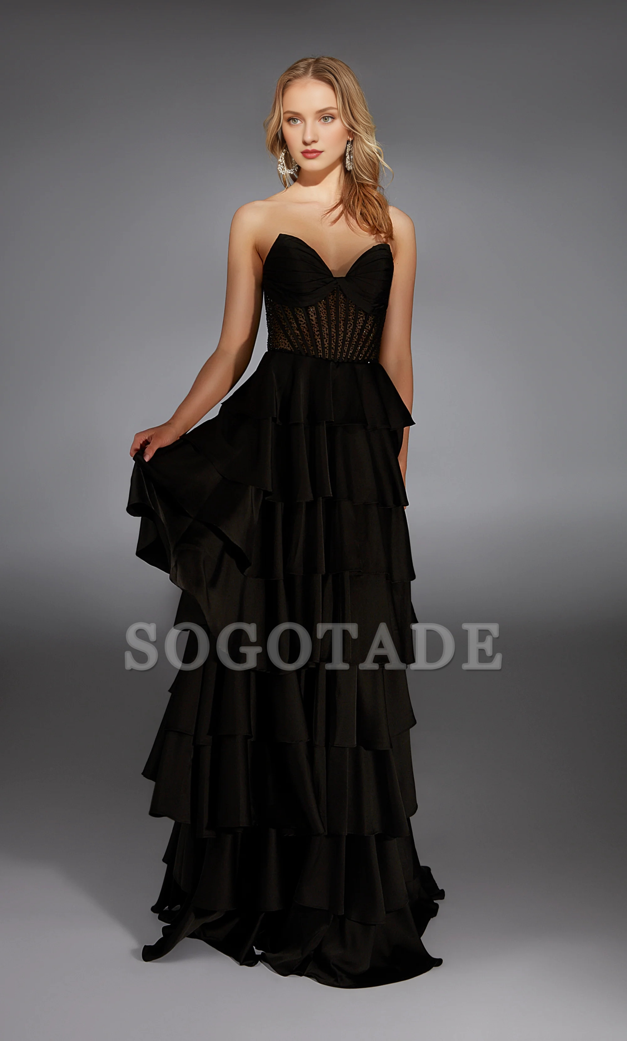 Satin chiffon strapless A-line evening gown backless tight corset ruffled skirt long formal dress