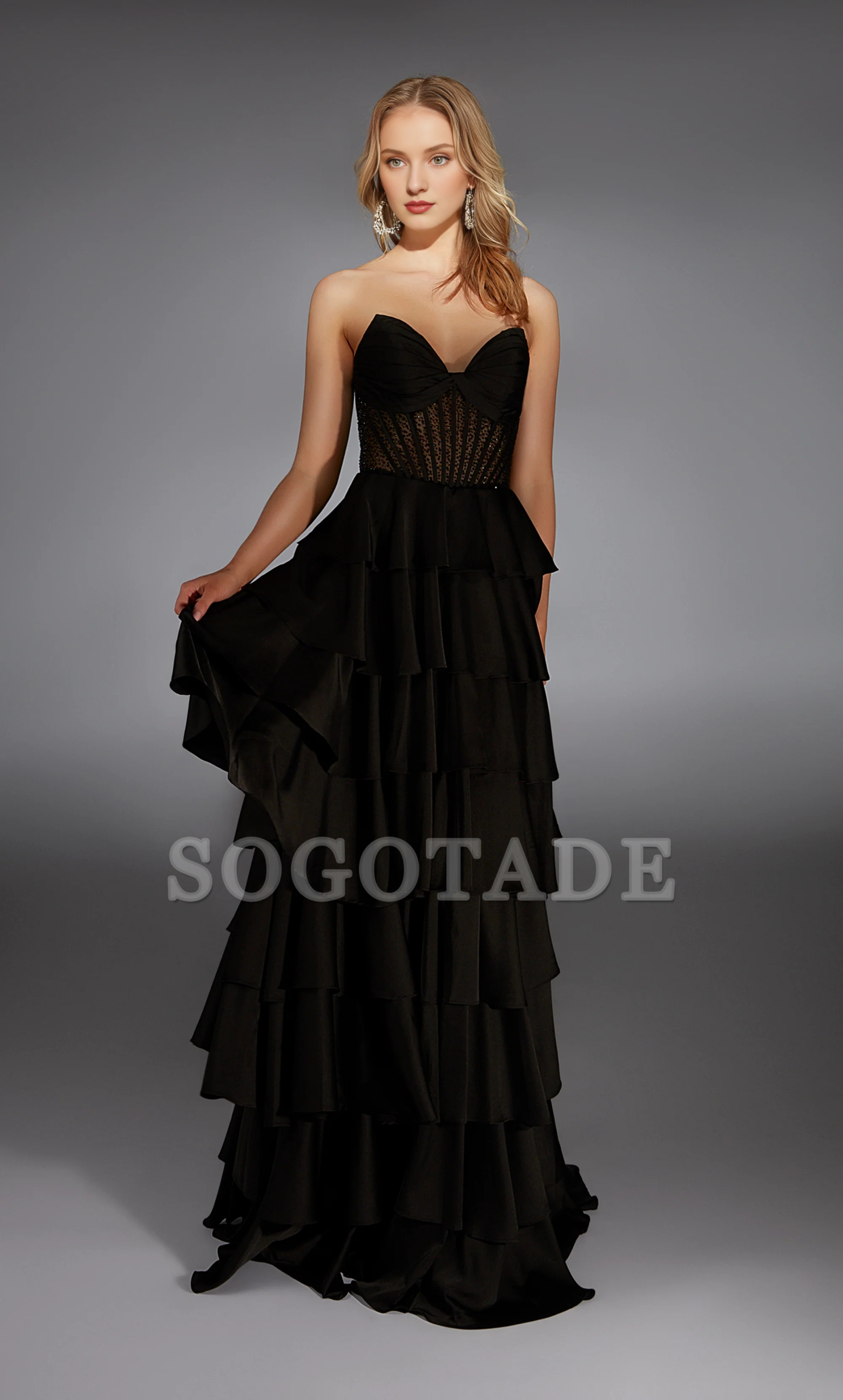 Satin chiffon strapless A-line evening gown backless tight corset ruffled skirt long formal dress