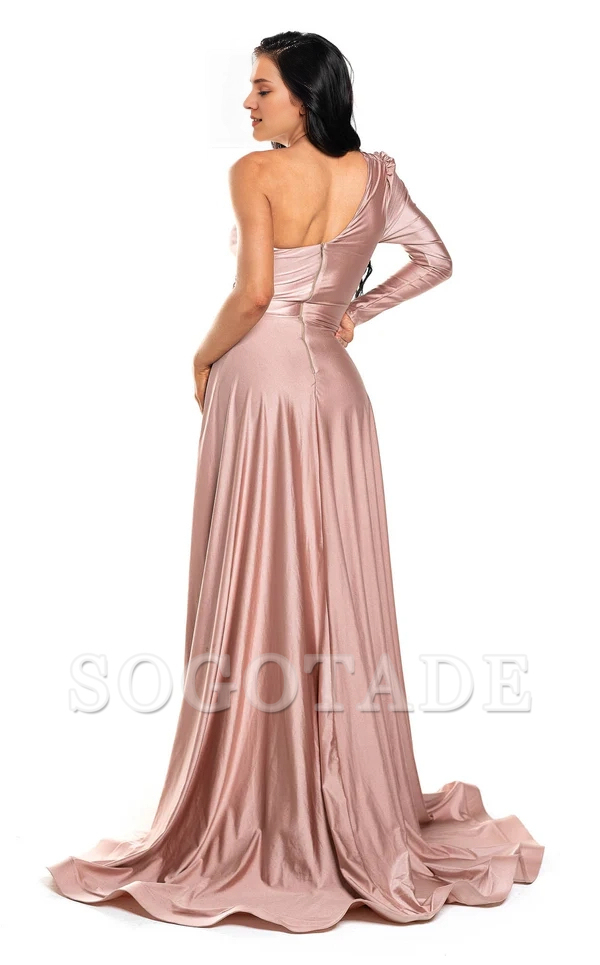 Mermaid one shoulder long sleeved backless slit and floor length Prom dress