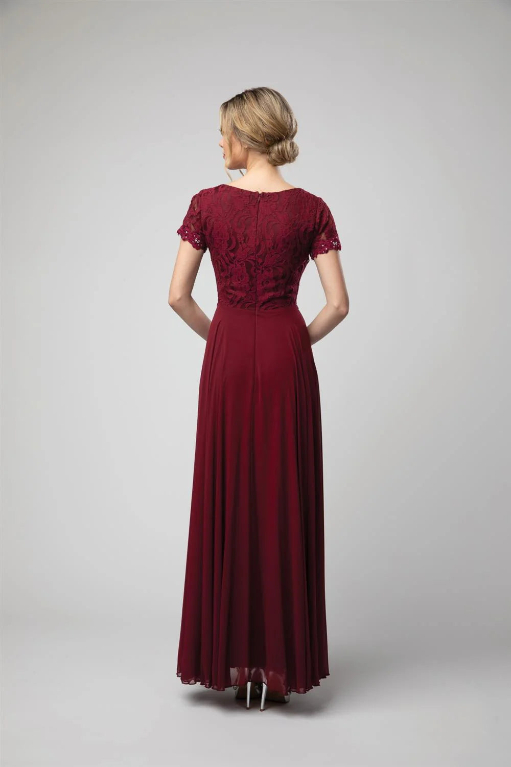 A-line lace tight corset long short sleeved chiffon dress-SOGOTADE