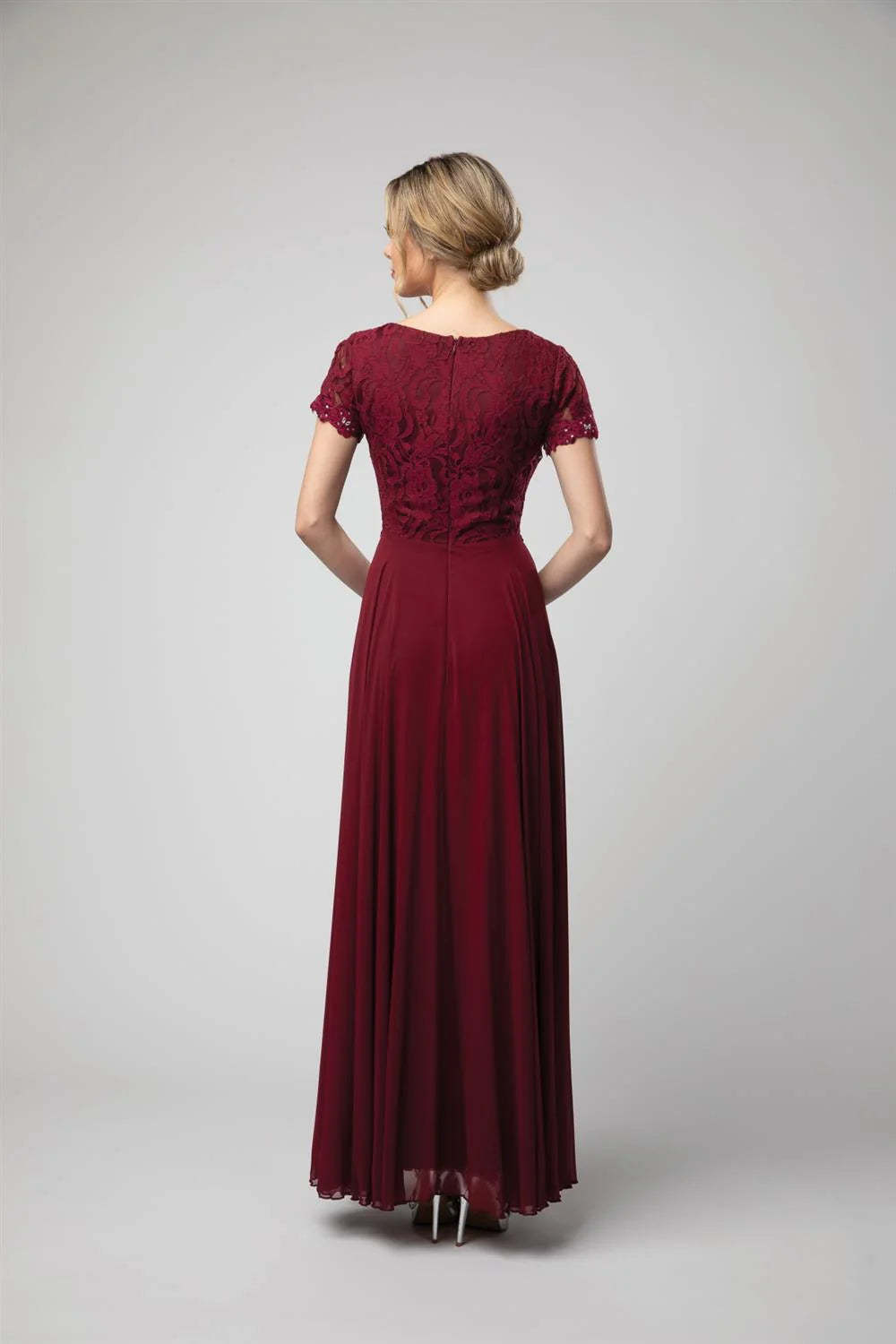 A-line lace tight corset long short sleeved chiffon dress-SOGOTADE