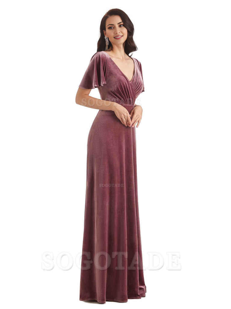 V-Neck Sexy See Through Short Sleeves Lace up Velvet Long Bridesmaid Dresses Formal Women's Dresses Wedding Guests Dresses