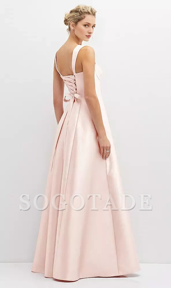 Pocket tie back tight corset satin and floor length Prom dress