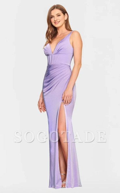 Deep V-neck sleeveless satin tight corset with side slits and floor length evening dress