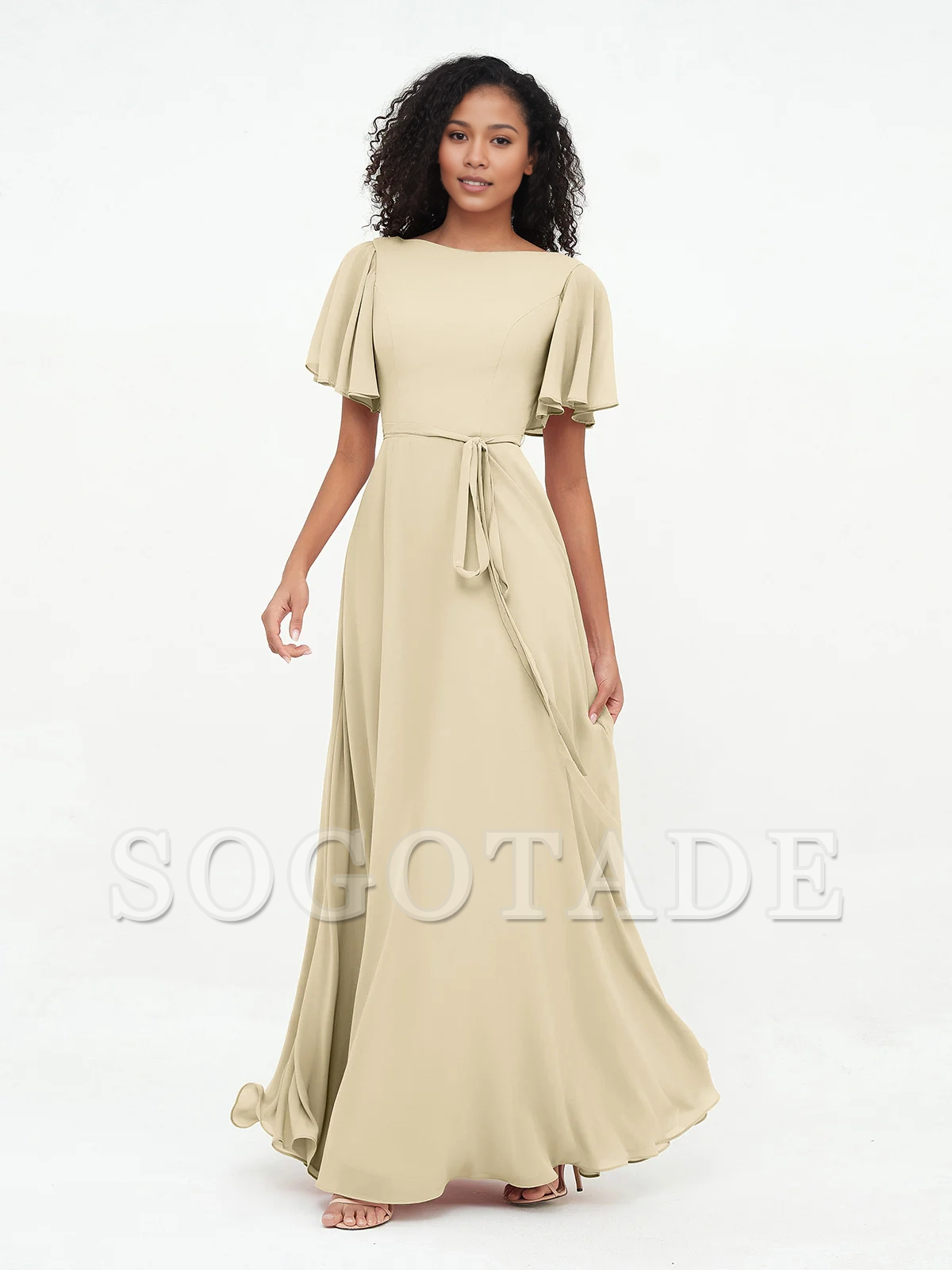 Bow fluttering sleeves chiffon bridesmaid dress