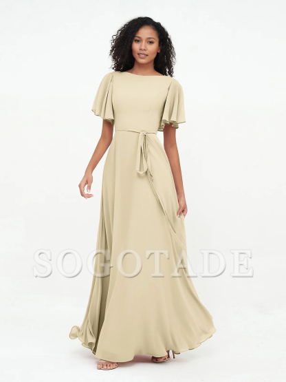 Bow fluttering sleeves chiffon bridesmaid dress