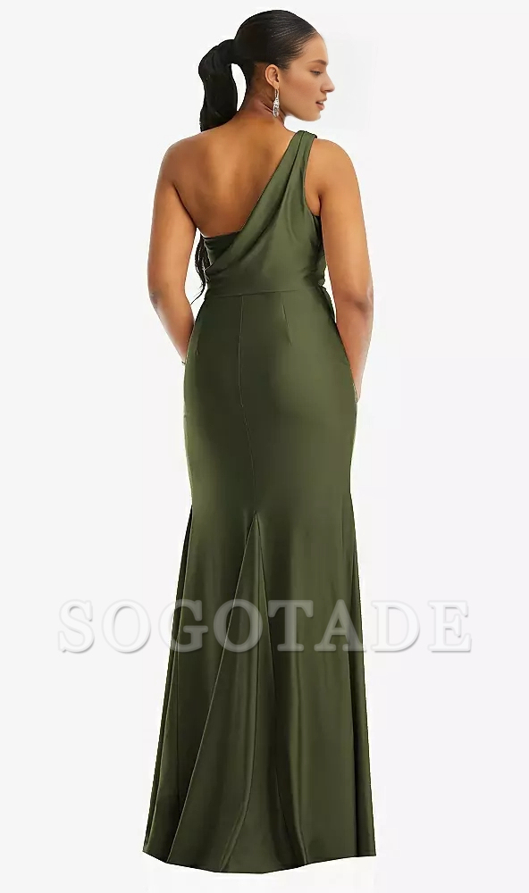 Asymmetric shoulder hood with back stretch satin mermaid Prom dress