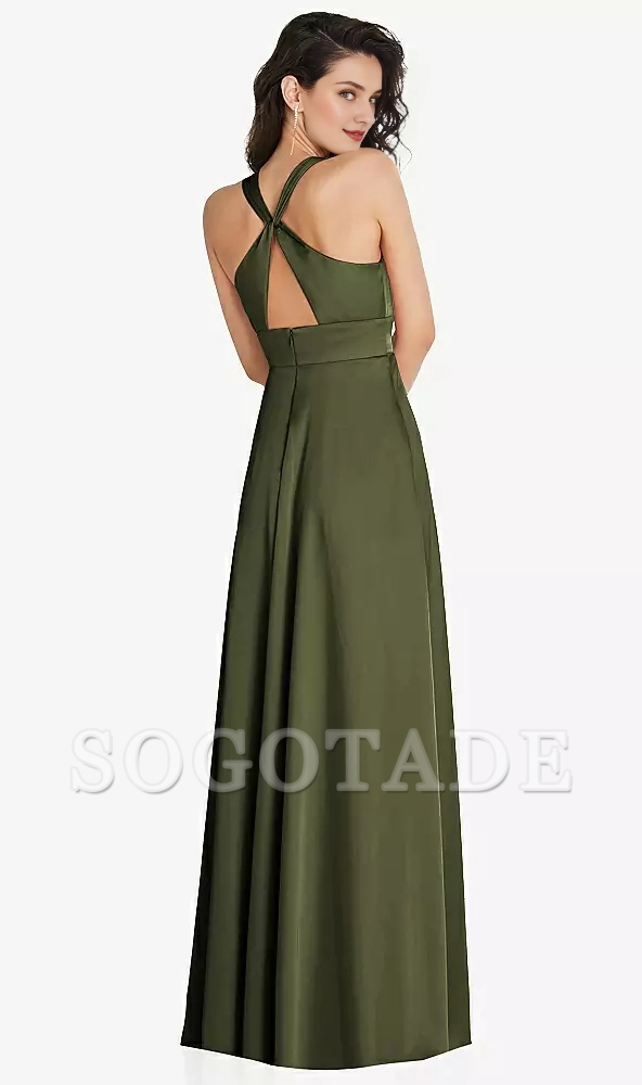 Front slit parallel crease seam shoulder back cross long Prom dress