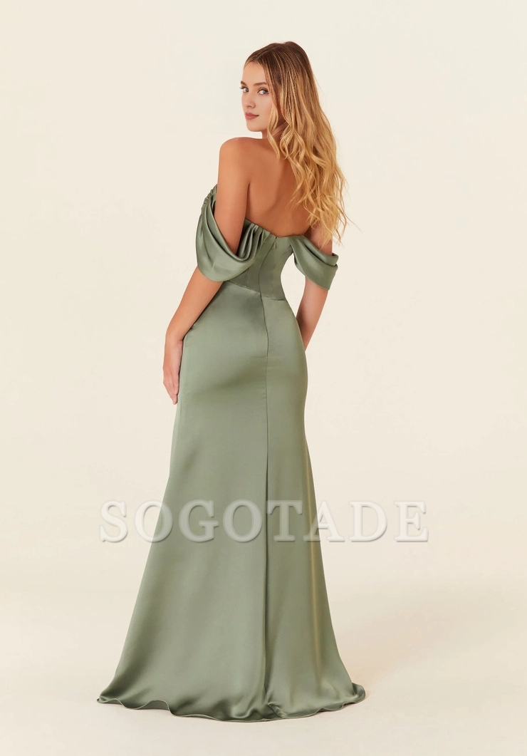 Satin draped shoulder collar with bone tight corset imitation wrapped bridesmaid dress