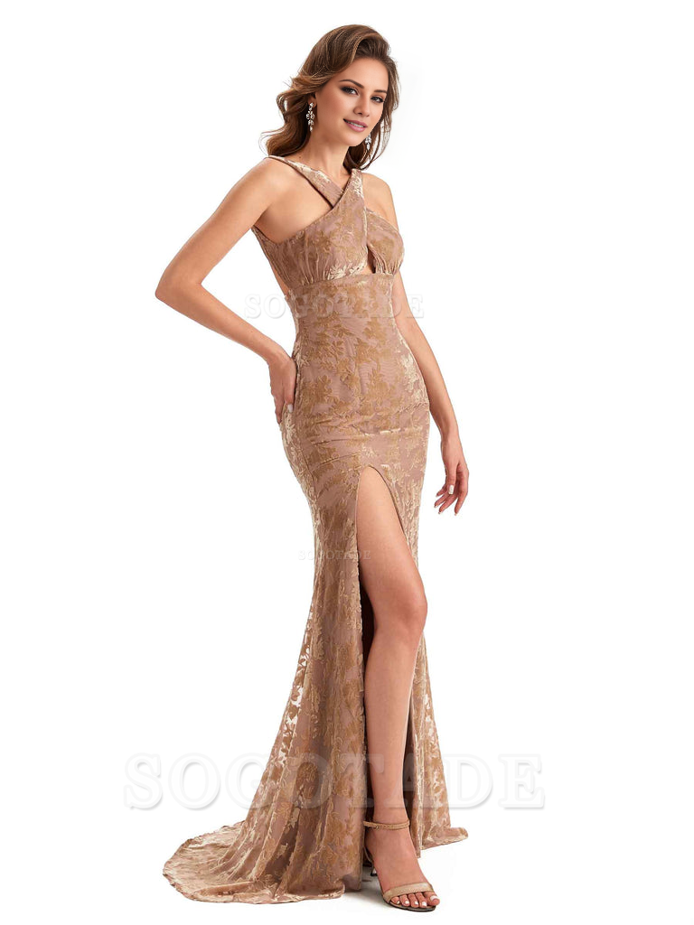 Sexy Side Slit Mermaid Cultivate oneself Lace Floral Velvet Long Bridesmaid Dresses Formal Women's Dresses Wedding Guests Dresses