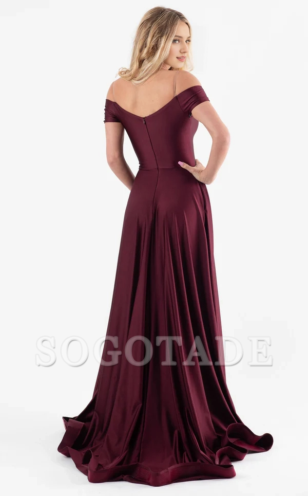 Off shoulder V-neck side slit backless and floor length Prom dress