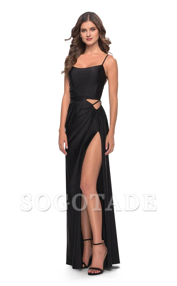 Square neckline sleeveless tight corset with hollowed out side slits and floor length evening dress