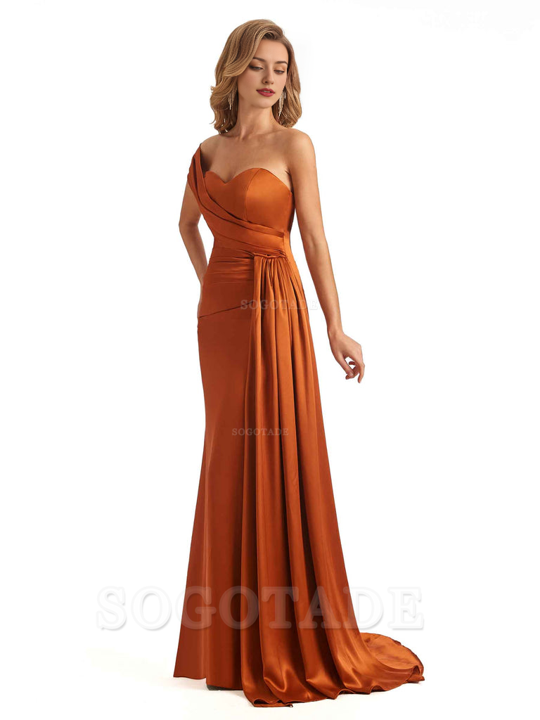 Elegant One Shoulder Soft Satin Long Mermaid Bridesmaid Dresses Online prom shop dresses ﻿