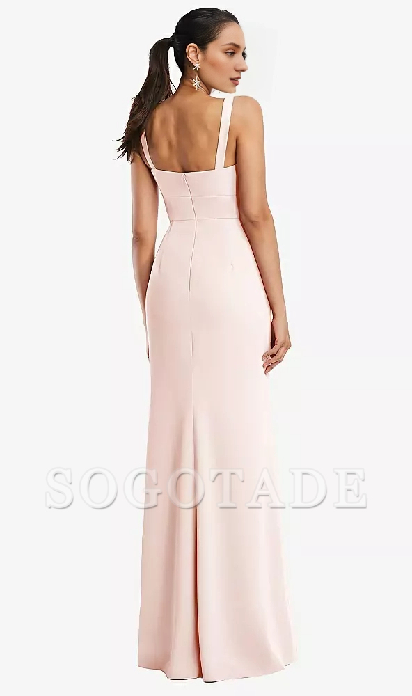 Front slit bucket collar wide shoulder strap crepe horn and floor length Prom dress