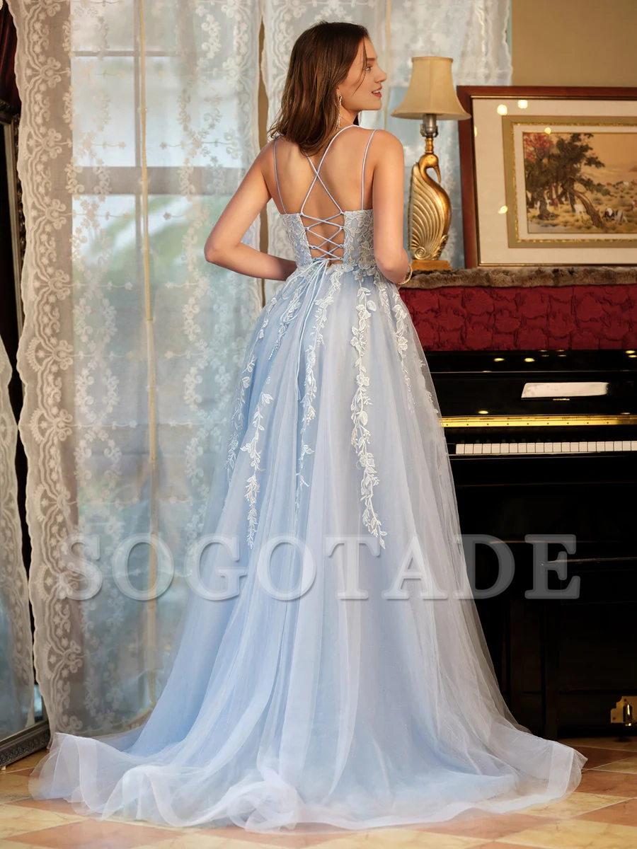 A-line princess chiffon thin shoulder strap embroidered long ball dress