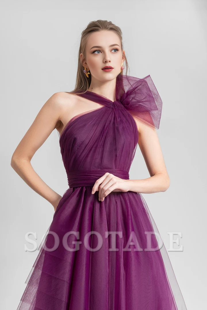 Asymmetric collar pleats and floor length gowns even dresses