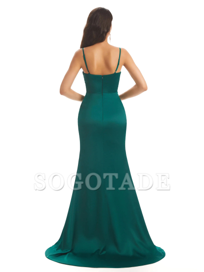 Sexy mermaid soft satin thin shoulder strap side slit bridesmaid dress