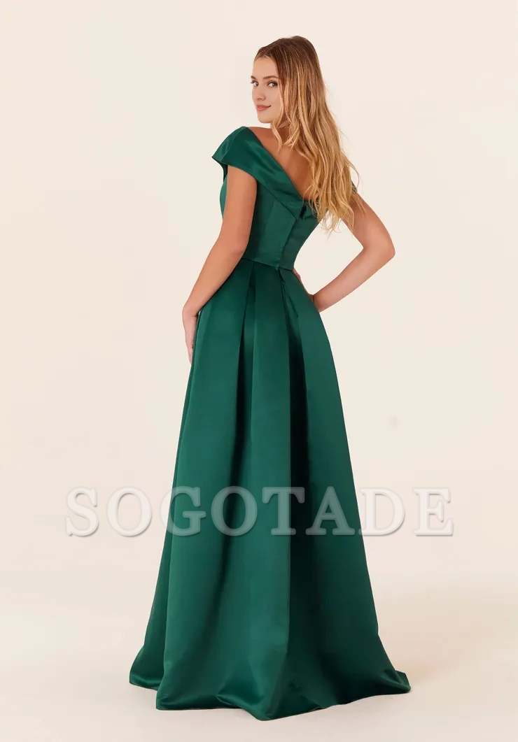A-line off shoulder collar short sleeved satin front skirt with slit bridesmaid dress